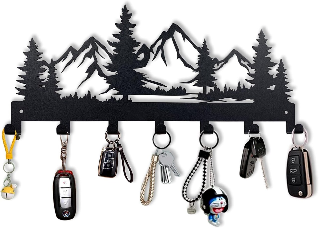 Metal Wall Key Holder – 7-Hook Key Organizer Rack for Kitchen, Entryway, Hallway, Bedroom, or Doorway, Mountain Design 12"